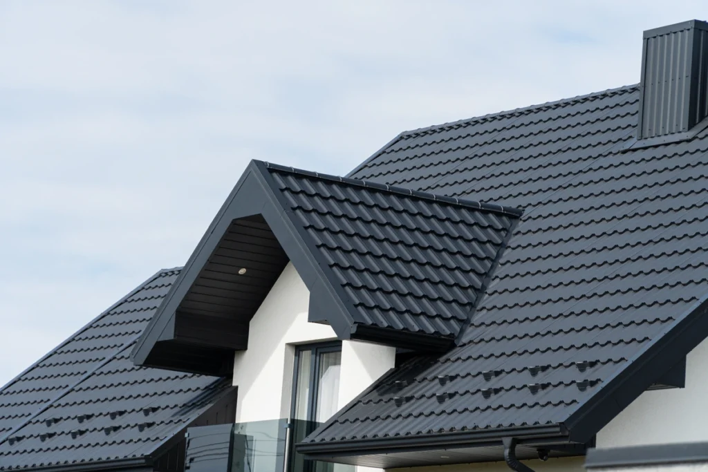 black metal roof tiles on white house