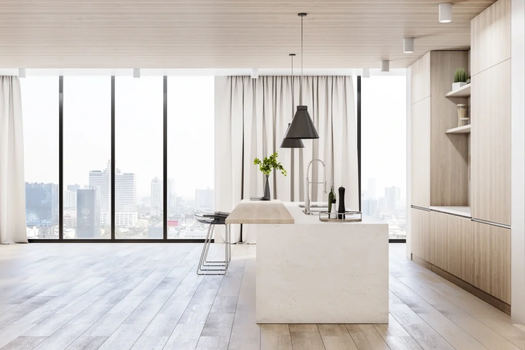 concrete color hardwood flooring in modern kitchen space